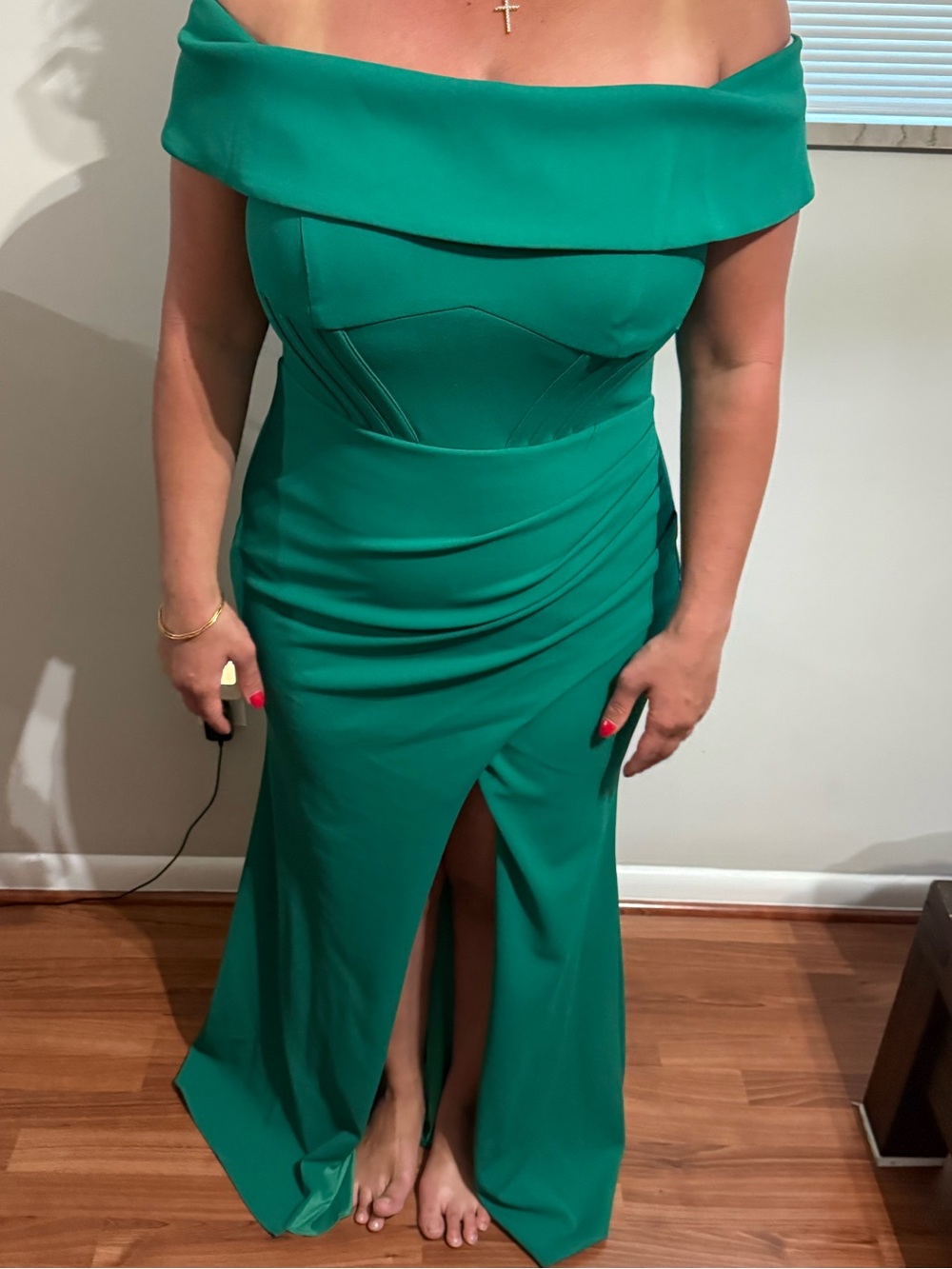 Betsy & Adam Emerald One-Shoulder Evening Gown with Front Slit